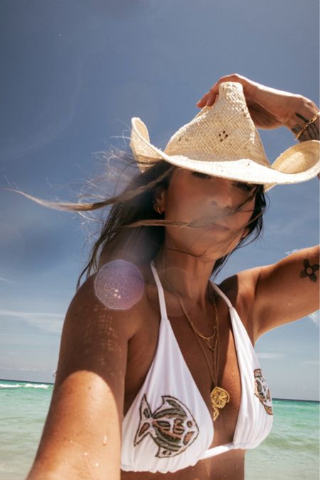 Sun-kissed & served looks in Montce Desert Rose Cowboy Hat 🐚 The detail on this Isla Sol✨🪸Ocean Muse Bikini Top + Bottom (cutest) it’s everything! Add a Sun Vow Jewelry necklace stack & you’re golden! #VacationStyle #CoastalCowgirl #MontceSwim 

#LTKFestival #LTKstyletip #LTKswim