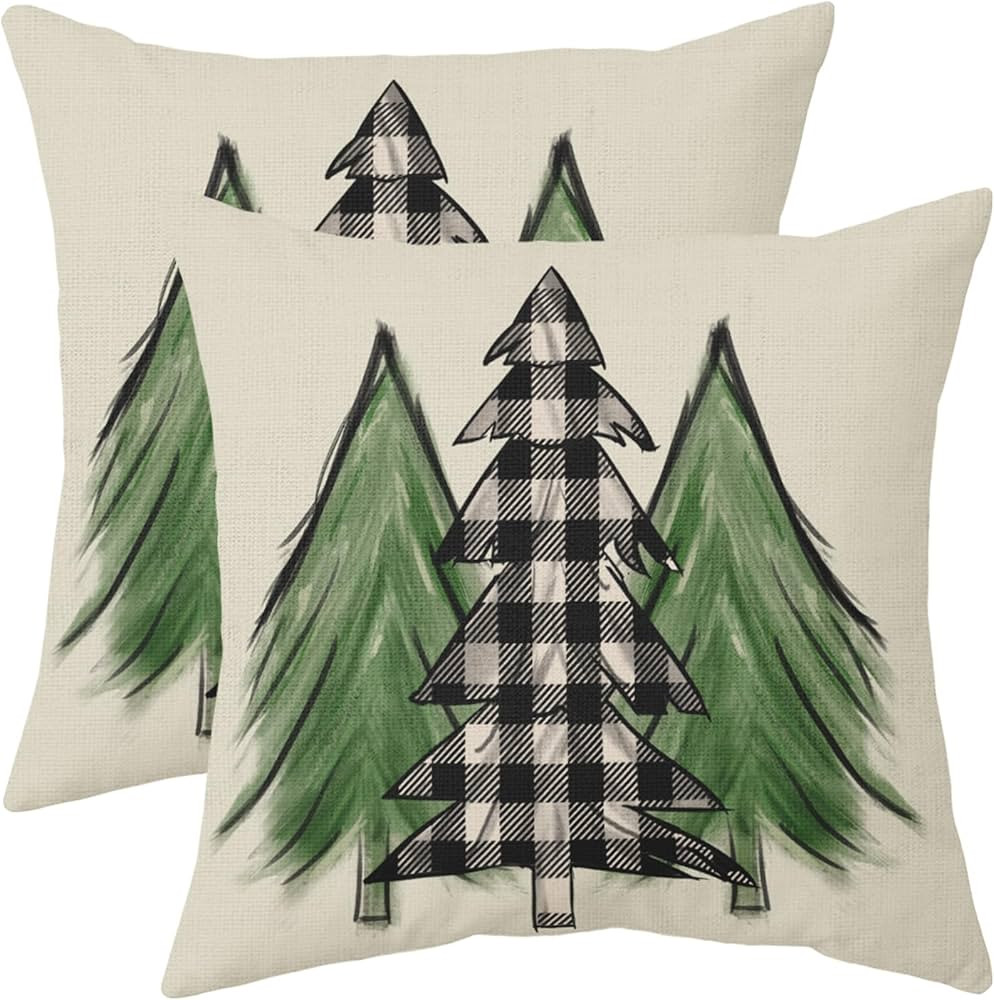 Green Watercolor Tree Christmas Pillow Covers 18x18 Set of 2 Rustic Winter Themed Plaid Print Out... | Amazon (US)
