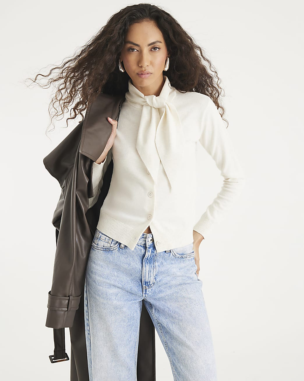 Cream Knitted Scarf Neck Cardigan | River Island UK & IE