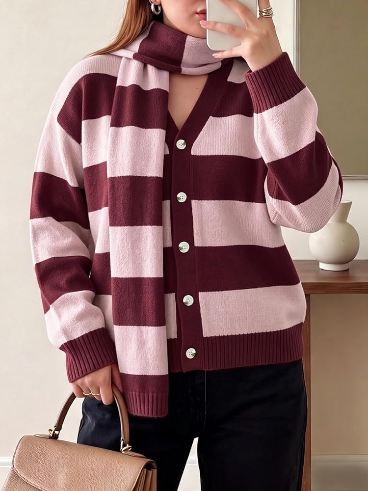 Womens Stripe Long Sleeve Cardigan Sweaters with Scarf | Amazon (US)