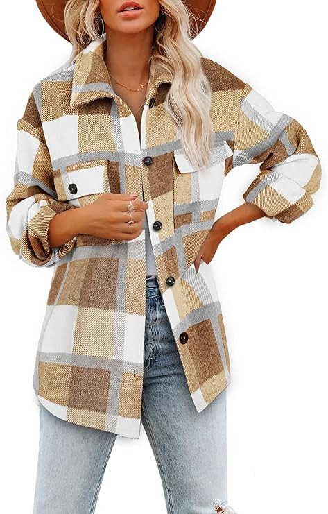 Women's Brushed Plaid Shirts Long Sleeve Flannel Lapel Button Down Pocketed Shacket Jacket Coats | Amazon (US)