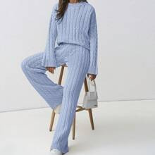 Women's Cable Knit Drop Shoulder Sweater And Pants Two Piece Set | SHEIN