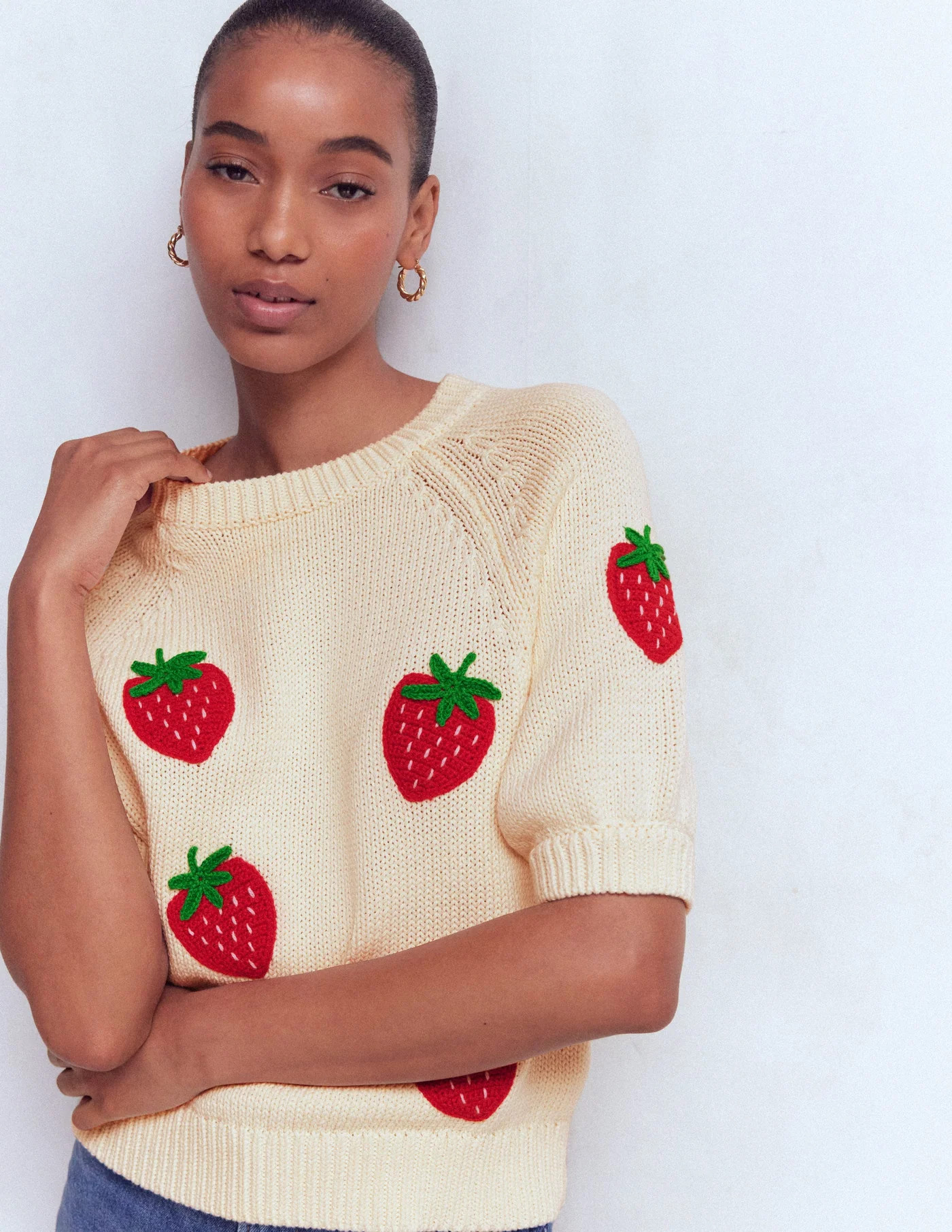 Margot Puff Sleeve T-Shirt-Warm Ivory Strawberry | Boden (US)