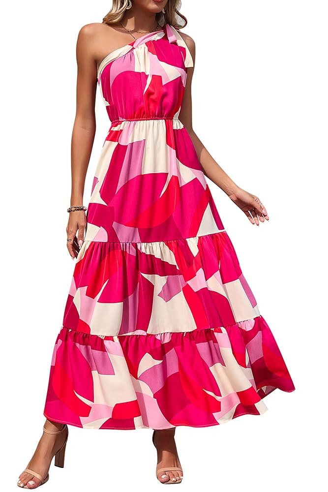 PRETTYGARDEN Women's Summer Floral One Shoulder Maxi Dress Knot Ruffle Boho Beach Vacation Weddin... | Amazon (US)