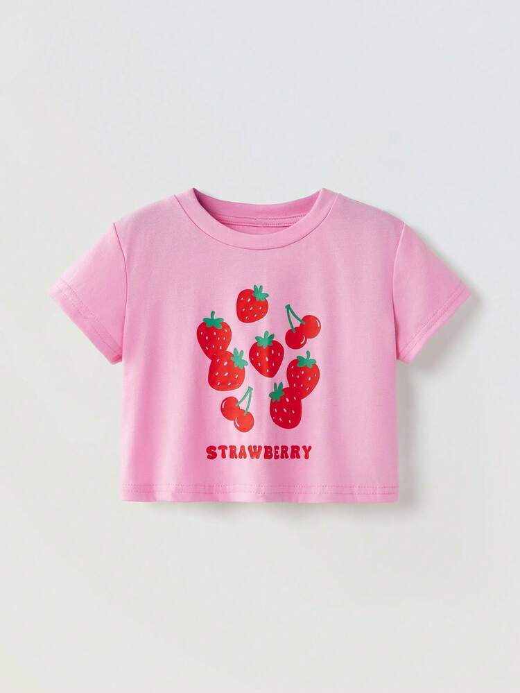 Maija Kids Young Girl Cherry & Strawberry Decor Round Neck Short Sleeve T-Shirt | SHEIN