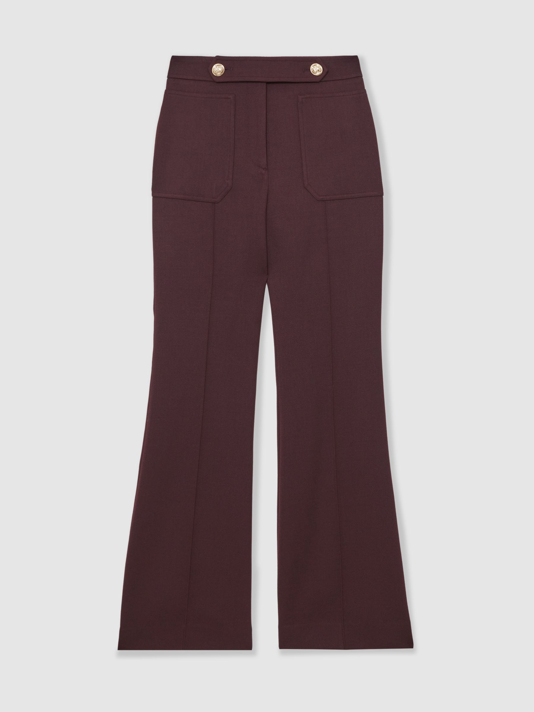 Petite Twill Button-Tab Flared Trousers With Wool in Burgundy | Reiss US