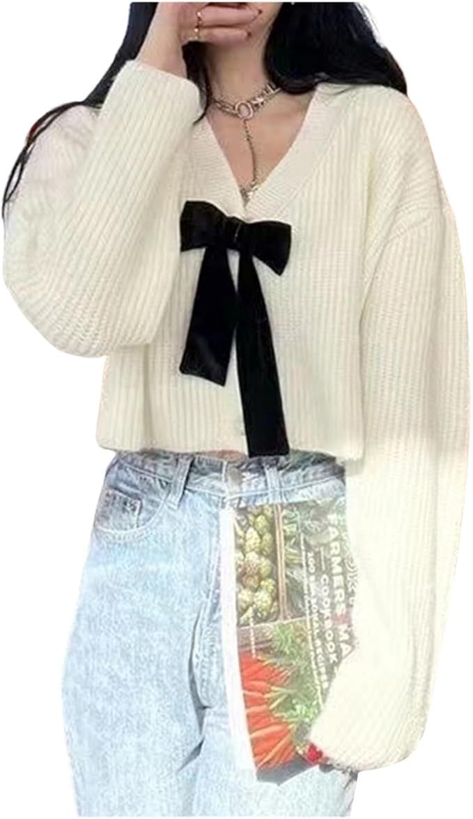 Women's Knit Cardigan Bow Tie V-Neck Sweater Cardigans Casual Crochet Crop Jacket Top | Amazon (US)