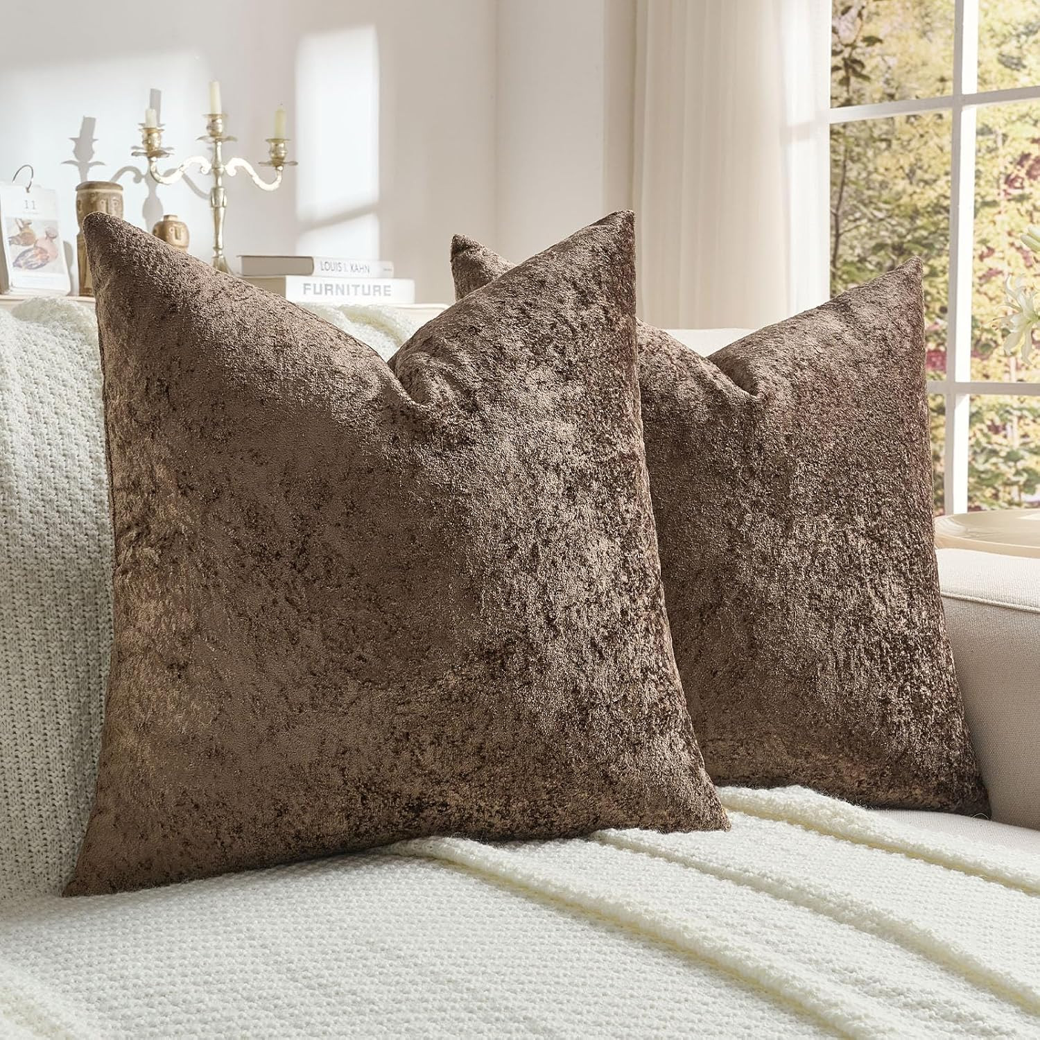 Pack of 2 Crushed Flannel Throw Pillow Covers 18x18 Inch, Dark Coffee | Amazon (US)