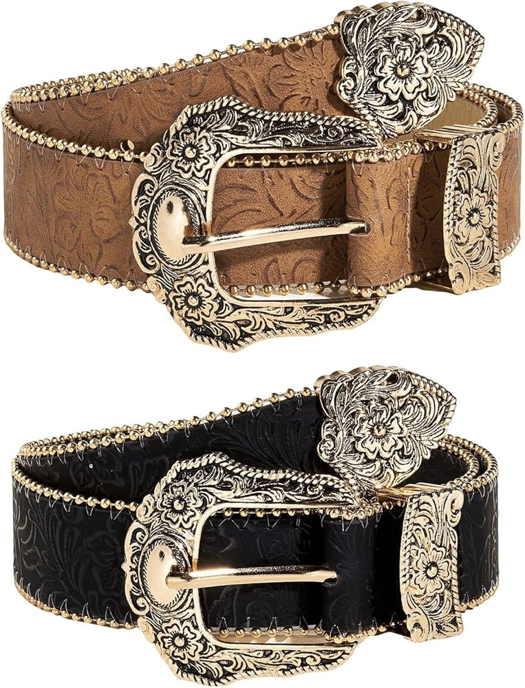Verdusa Women's 2 Piece Western Cowgirl Buckle PU Leather Waist Belts Vintage Belt Brown and Black 80 | Amazon (US)