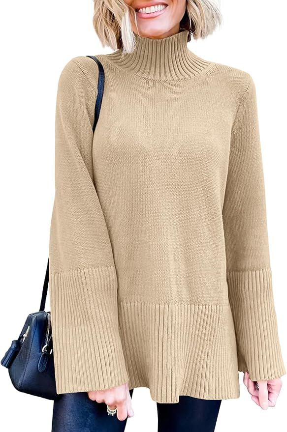 ANRABESS Womens Fall Sweaters Pullover Turtleneck Oversized Long Sleeve Split Hem Casual Knit Swe... | Amazon (US)