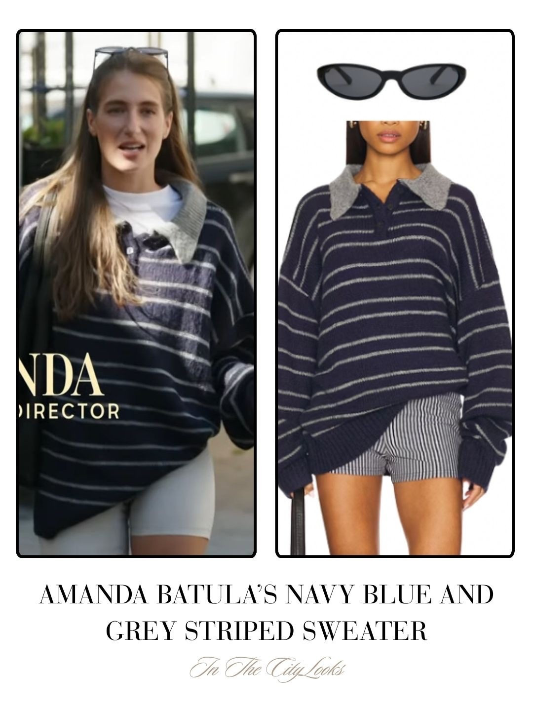 Amanda Batula’s Navy Blue and Grey Striped Sweater