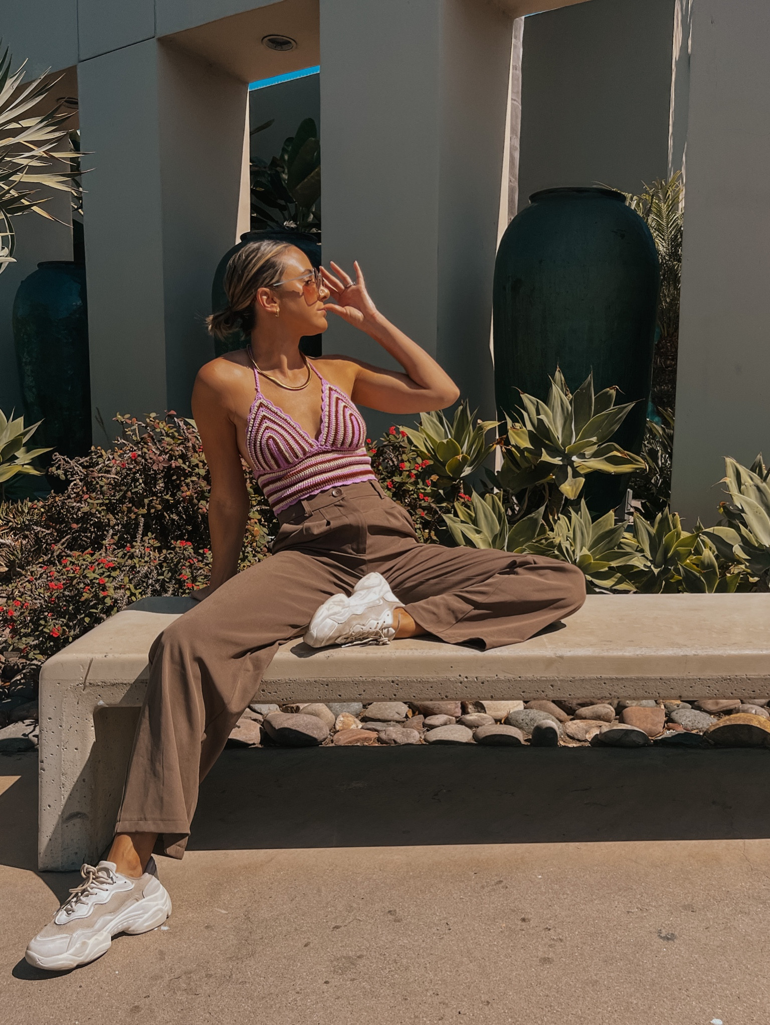 crochet crop top, high waisted trousers, pleated pants, chunky sneakers

#LTKunder100 #LTKunder50 #LTKfit