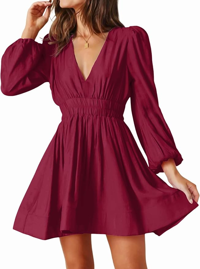FAIABLE Mini Deep V Sexy Long Sleeve Dress for Women A-line High Waisted Casual Flowy Dress for C... | Amazon (US)