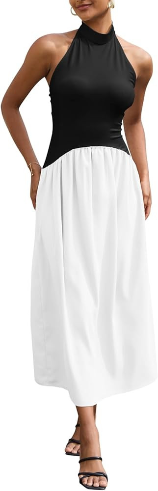 Ekaliy Women Maxi Dresses Halter Neck Sleeveless Patchwork Long Dress Flowy Beach Sundress | Amazon (US)