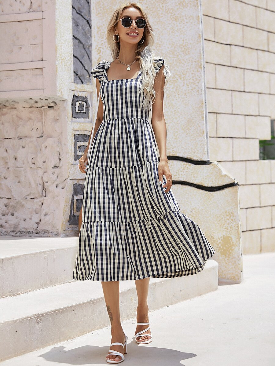 Plaid Tied Backless Ruffle Hem Dress | SHEIN