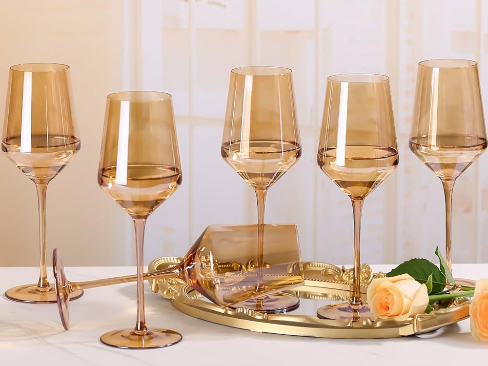 Physkoa Amber Wine Glasses Set of 6-14oz Tall Long Stem, Unfading Color, Hand-blown - Not Dishwas... | Amazon (US)