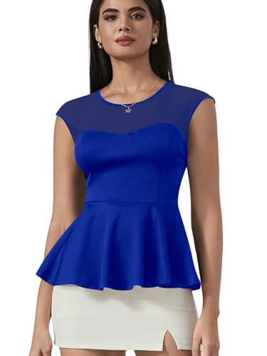 OYOANGLE Women's Elegant Sheer Mesh Cap Sleeve Ruffle Hem Flared Work Peplum Blouse Tops Royal Blue X-Large | Amazon (US)
