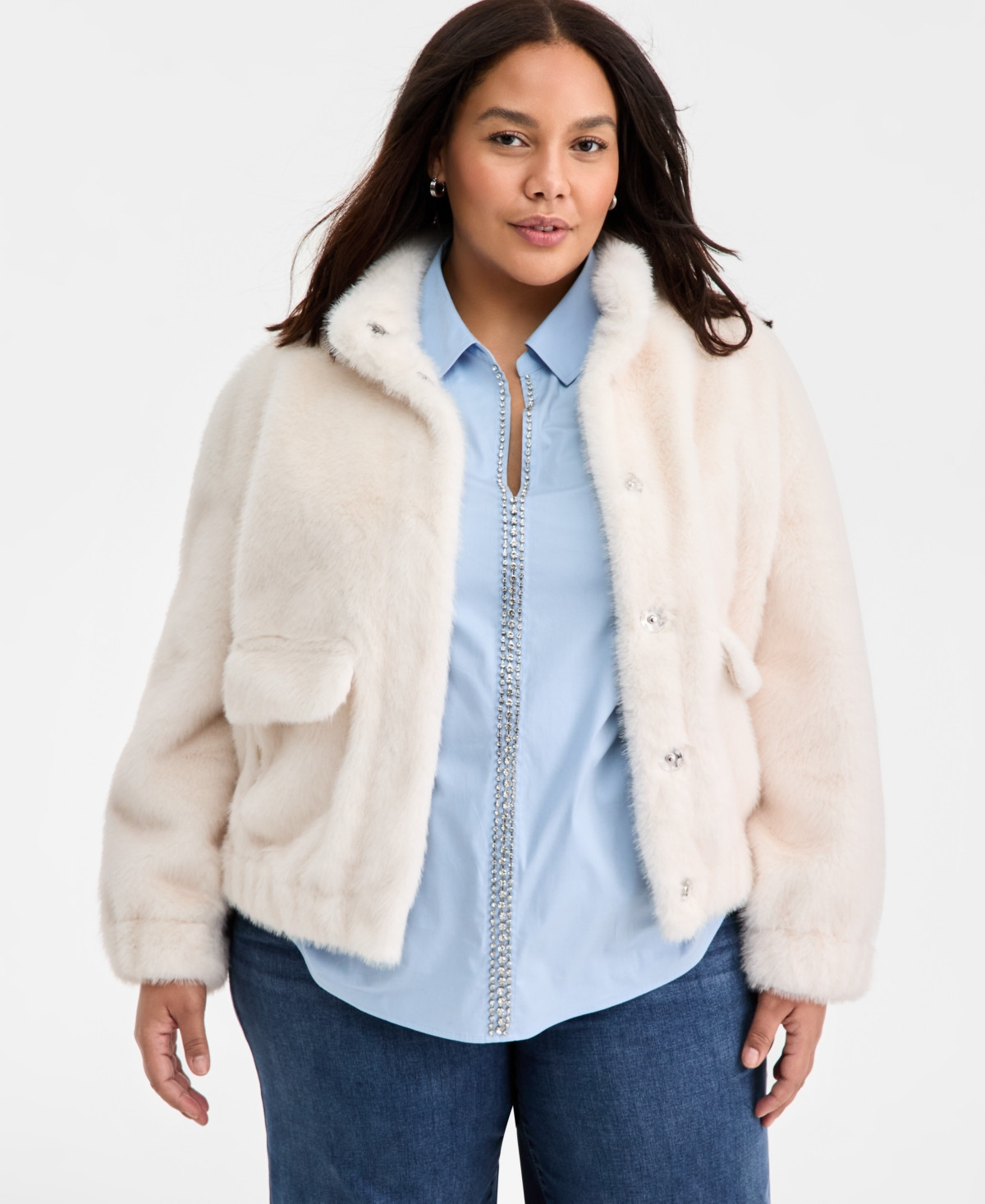 On 34th Trendy Plus Size Solid Faux-Fur Bomber Jacket, Macy's Exclusive - Winter Ivory | Macy's