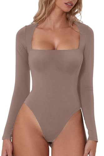 QINSEN Women's Sexy Square Neck Bodysuit Long Sleeve Double Lined Shirt Tops | Amazon (US)
