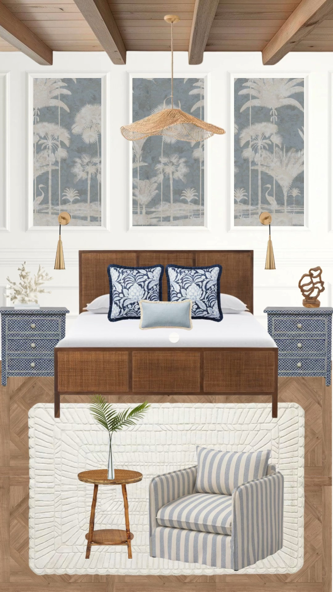 Coastal bedroom design 🌴 Rattan, soft blues, and timeless charm come together for the perfect beachy vibe. 

#CoastalBedroom #BlueDecor #BeachHouseStyle #InteriorInspo