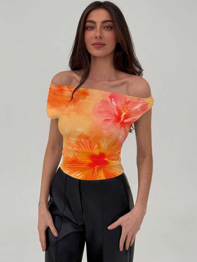 Aloruh Blouse À Manches Courtes Élégante Pour Femmes, Imprimé Floral À Motif Tie-Dye Hibiscus, Convient Pour L'été, La Plage, Les Festivals Et Les Occasions Formelles | SHEIN