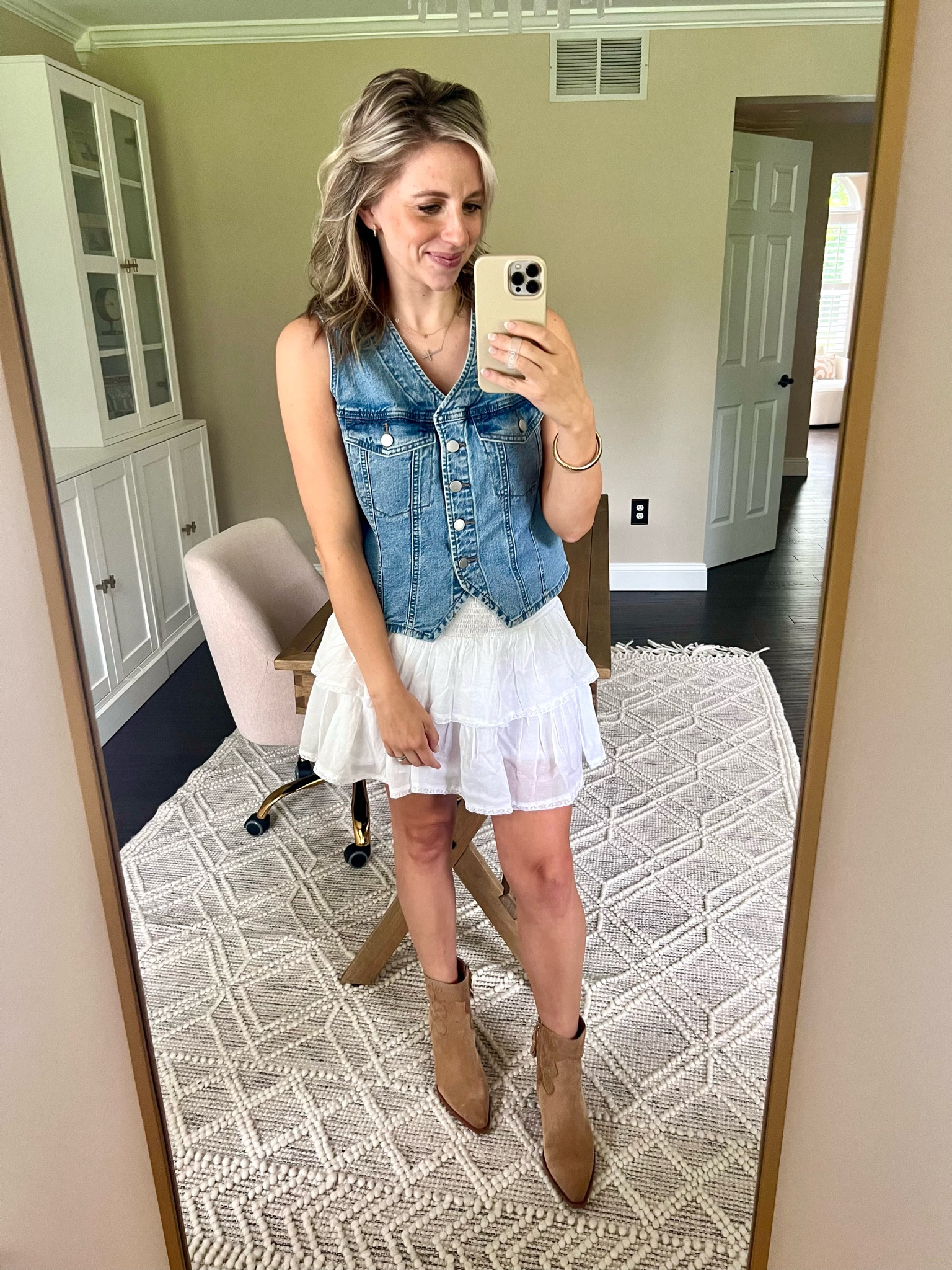 Country concert outfit inspo. Medium in vest and skirt. 🤠

Denim vest, white skirt, country concert outfit, country music concert inspo, target fashion, American eagle 

#LTKFindsUnder50 #LTKSeasonal