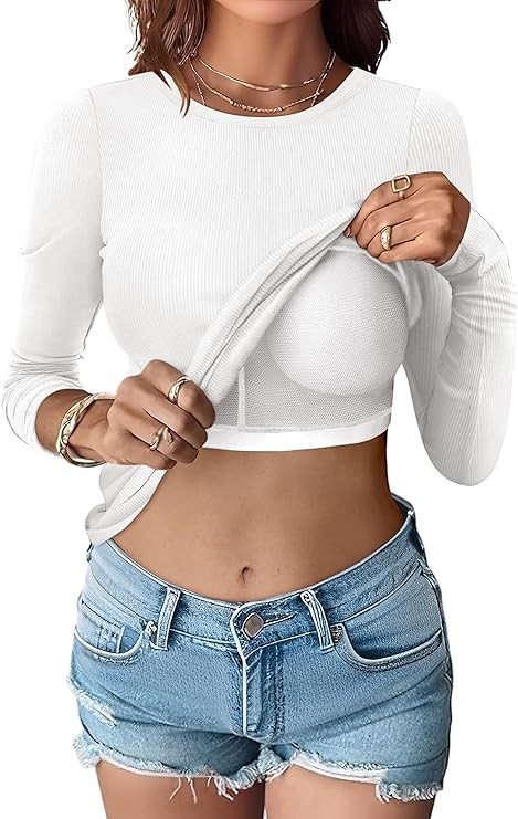 ANRABESS Women Long Sleeve Shirts Built-in Bra Crewneck Rib Knit Slim Fit Basic Tee Tops 2025 Fal... | Amazon (US)