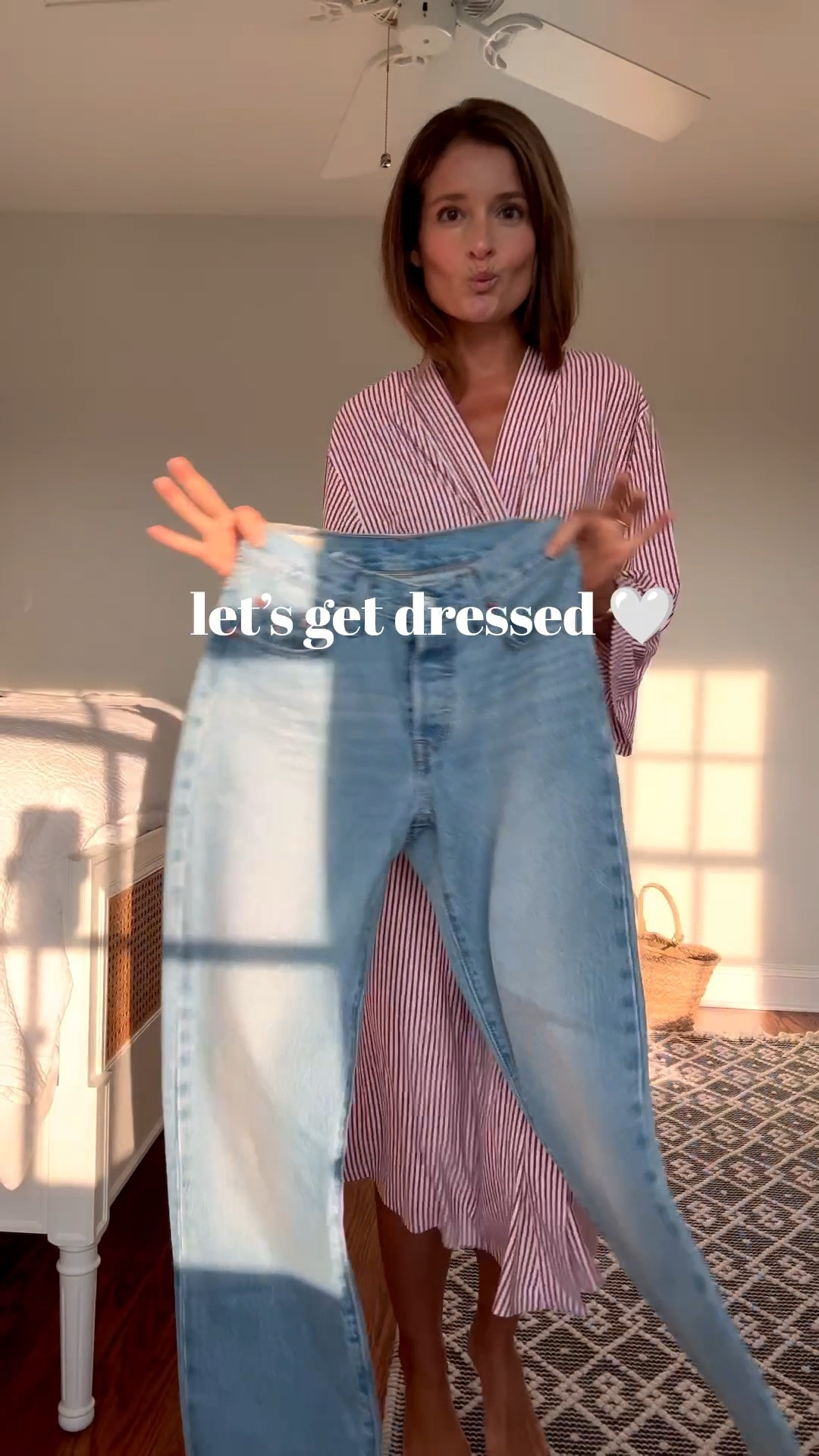 Simple outfits will always have my heart 🤍 (and a simple pair of denim!) • KULE Modern Long navy and cream striped is one of the best striped shirts to wear all year long. Can wear under a sweater or blazer or alone. Comes in a ton of fun colors, but this one is my favorite because its so classic. I sized up 1 to a medium • Levi’s 501 90’s might be my favorite pair of Levi’s. They're perfectly vintage, comfortable and flattering. I sized down 1 and am wearing a 24 x 32. I'm 5’6’’ for reference. • Could go with nude or black shoes. I linked a great pair of Loeffler Randall ballet flats and two woven black options. The Margaux is a beautiful shoe, but a bit pricey so linked a great option from J. Crew as an alt • Bling is from Heaven Mayhem (earrings) and Electric Picks (bracelet) • Tie it all together with a cute but practical tote. The one I have in the video is sold out so I'm linking a great alt from Etsy. Have a great Monday everyone! 

#LTKFindsUnder100 #LTKStyleTip #LTKSeasonal