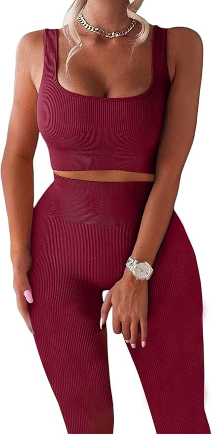 TWFRHC Women's Workout Sets Ribbed Tank 2 Piece Seamless High Waist Gym Outfit Yoga Shorts Sets | Amazon (US)