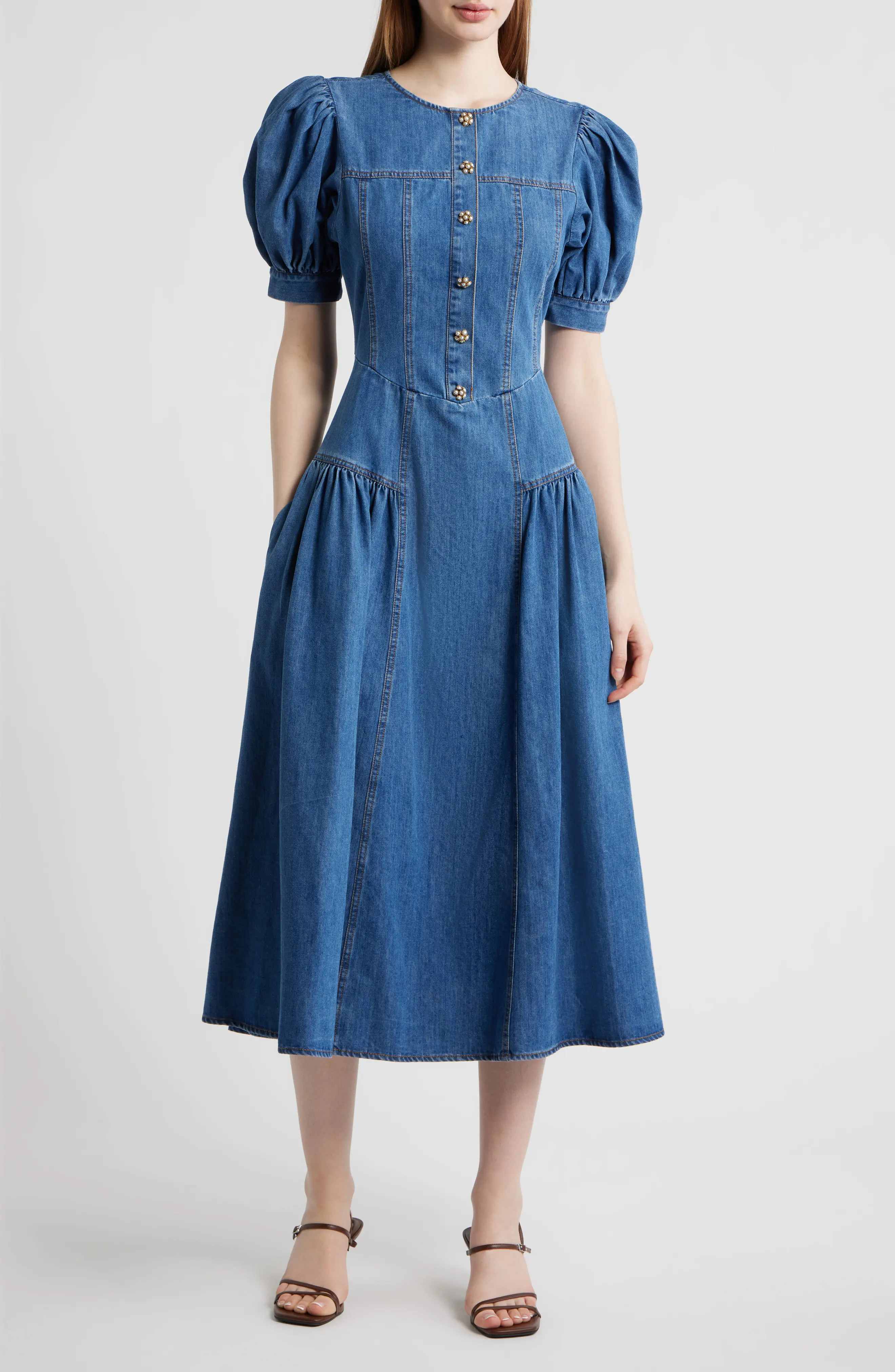 FREEMARKET Cotton Blend Puff Sleeve Denim Midi Dress (Women) | Nordstrom | Nordstrom