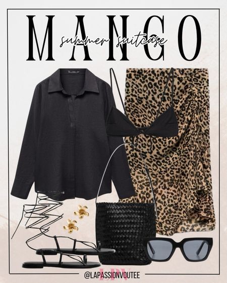 Unleash your wild side with MANGO's fierce summer ensemble: a leopard print skirt paired with a chic bikini top and a breezy linen shirt. Accessorize with floral earrings and trendy sunglasses. Complete the look with a braided leather bag and stylish leather strap sandals for the ultimate summer adventure.

#LTKSummerSales #LTKStyleTip #LTKSeasonal