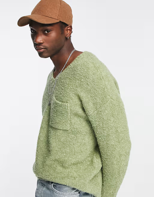 ASOS design relaxed boucle sweater with pocket in dark sage | ASOS | ASOS (Global)