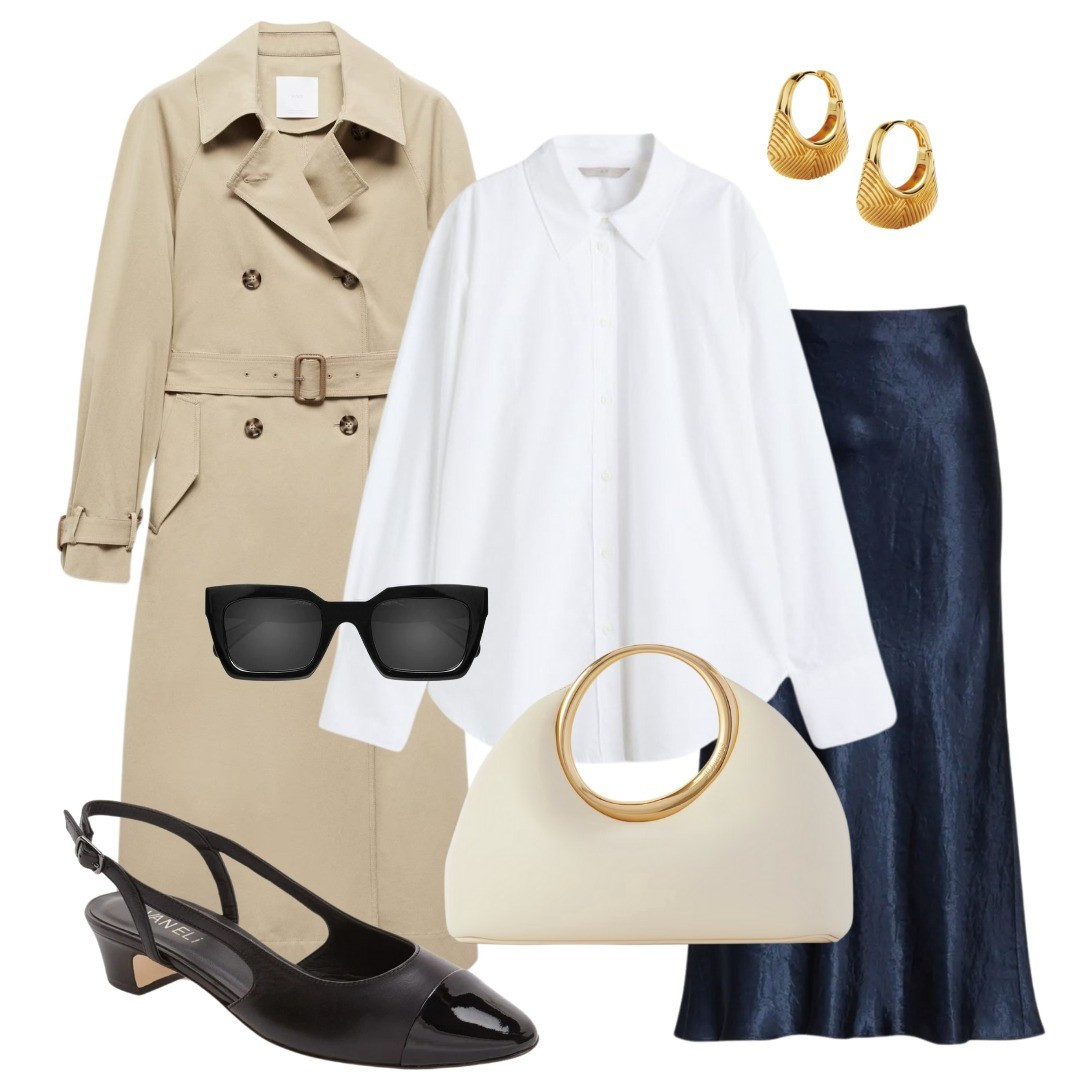Trenchcoat styling, Mango, satin slip skirt, black slingbacks, white shirt styling, transitional look, office look 

#LTKfindsunder100 #LTKworkwear #LTKshoecrush