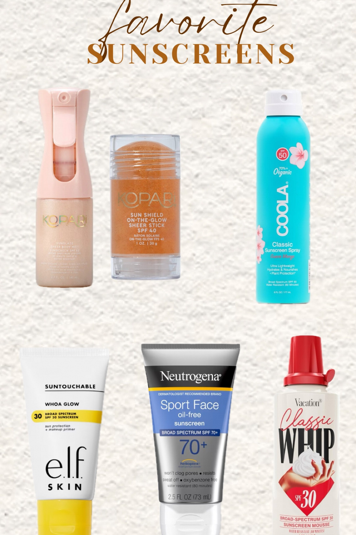 Love them all!!

SPF, sunscreen, summer, sun

#LTKSeasonal #LTKBeauty #LTKxelfCosmetics