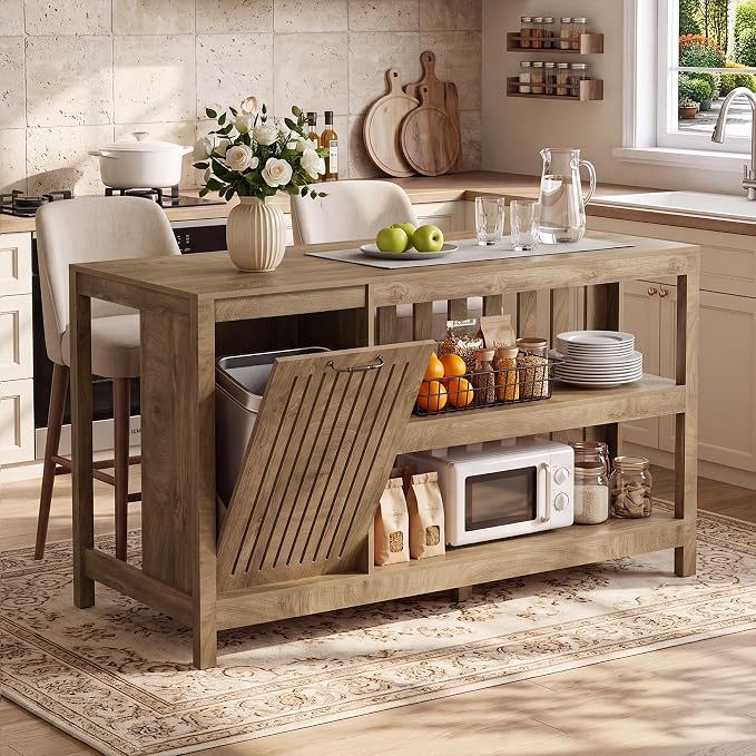 LITTLE TREE 55" Kitchen Island with Trash Can Storage, 3-Tier Island Table | Amazon (US)