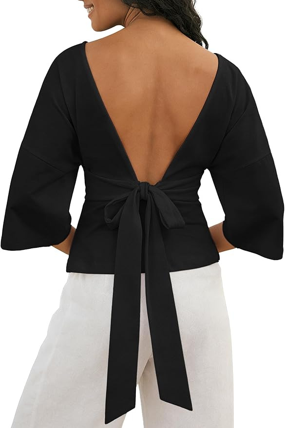 Backless Tops for Women Summer Casual Office 3/4 Sleeve Tie Back Blouse Soft Elegant Date Night S... | Amazon (US)