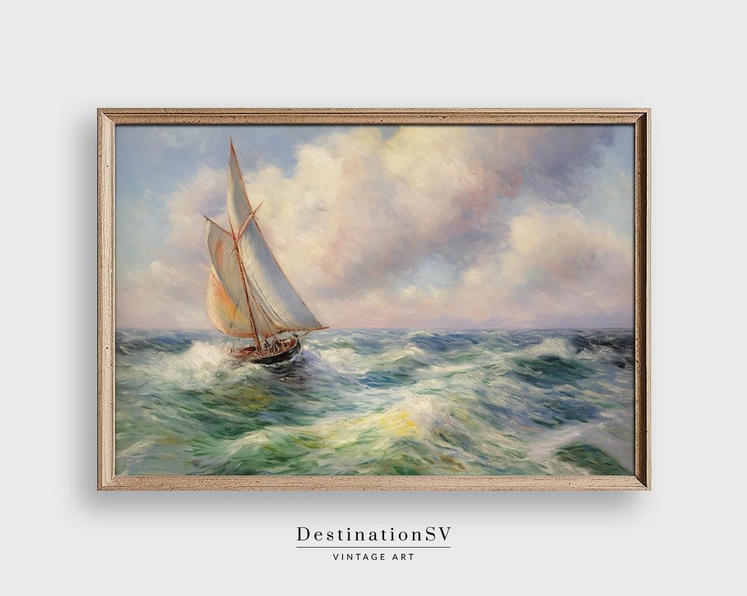 Vintage Sailboat Painting, Muted Vintage Coastal Art Print, Neutral Vintage Wall Art, Digital Dow... | Etsy (US)