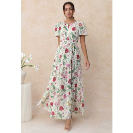 Ebullient Flower Embroidered Frilling Maxi Dress | Chicwish