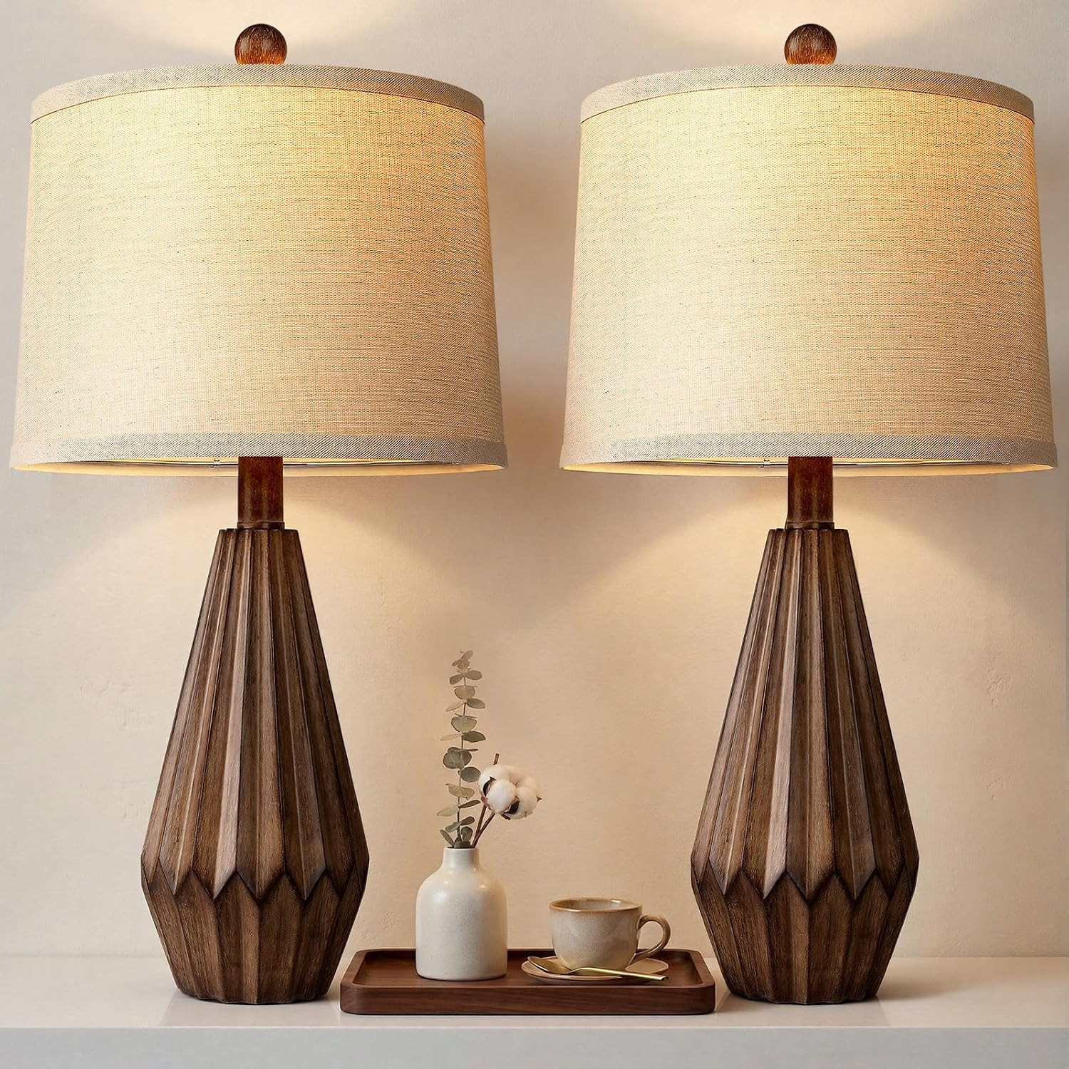 Hamucd 22” Set of 2 Modern Farmhouse Lamp for Living Room, Rustic Resin Beside Table Lamps with Linen Shade, Vintage Lamps for Nightstands Bedroom Entryway Decor | Amazon (US)
