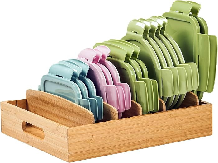 Kitchen Cabinet Organizer for Food Storage Container Lids, with Adjustable Dividers, Bamboo Drawe... | Amazon (US)