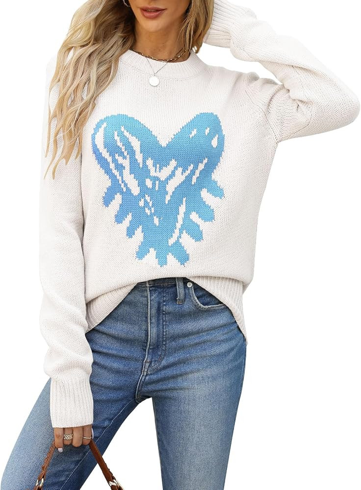 Alsol Lamesa Women Sweaters Heart Front Crew Neck Long Sleeve Knitted Pullover Sweater | Amazon (US)
