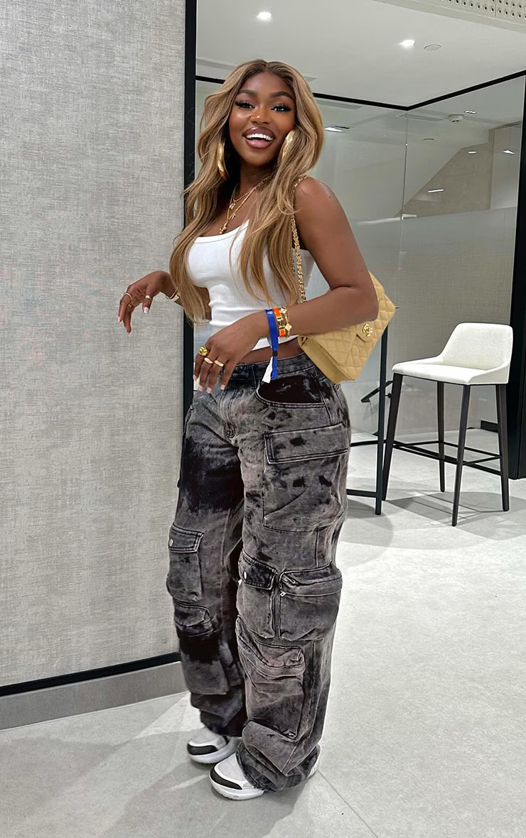 Tall Black Washed Denim Cargo Wide Leg Jeans | PrettyLittleThing US