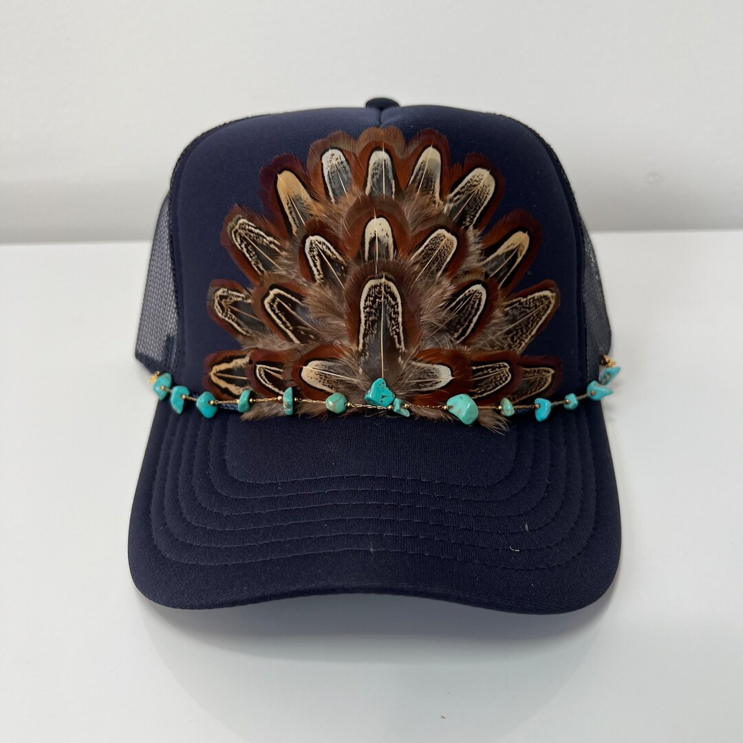 FEATHER Trucker Hat With Turquoise Beaded Hat Chain Cowgirl Western Trucker Hat Navy Blue - Etsy | Etsy (US)
