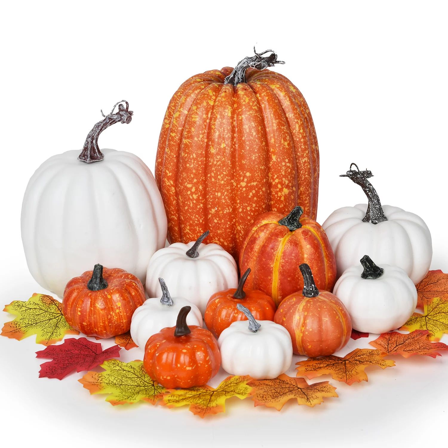 Gomaty 12Pcs Thanksgiving Artificial Pumpkins Home Decoration Set and 50pcs Maple Leaves, Artific... | Walmart (US)
