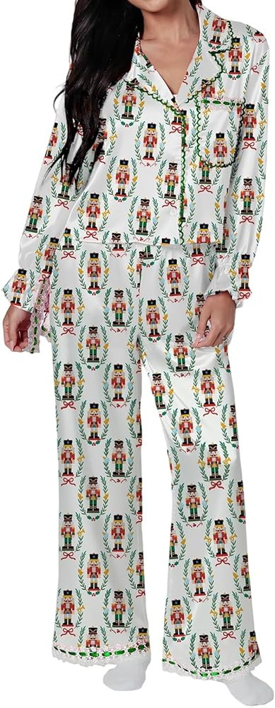 Women Y2k Silk Christmas Pajamas Outfit Satin 2 Piece Pants Set Button Down Shirts Long Sleeve Ho... | Amazon (US)