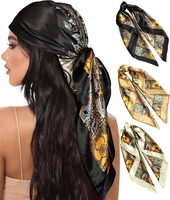 AWAYTR 35” Large Square Satin Head Scarf - 3Pcs Satin Hair Scarves Silk Bandana Scarf Headscarf... | Amazon (US)