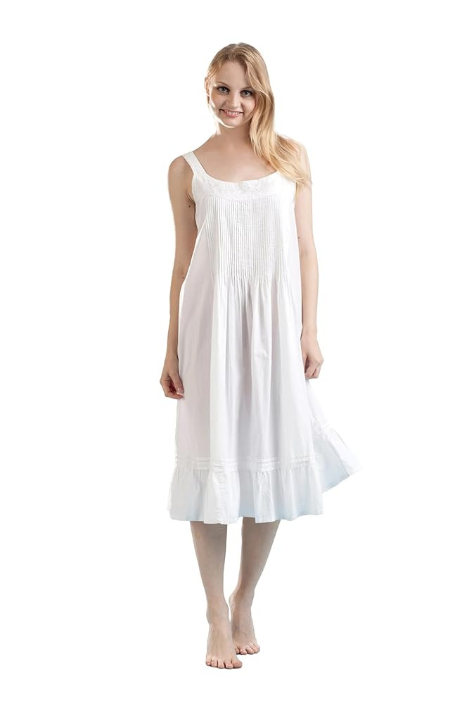 LA CERA Women's 100% Cotton White Nightgown, Sleeveless, Scoop Neck, Vintage Pinafore Gown | Amazon (US)
