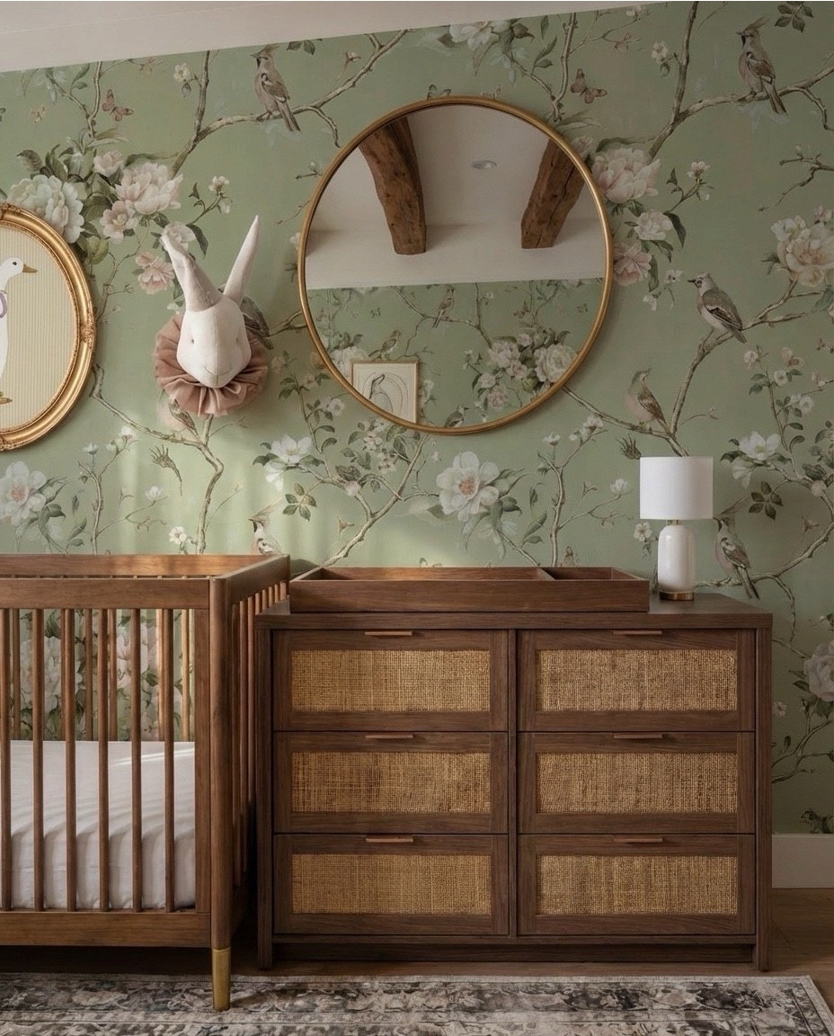 Shop the Look:
• Floral wallpaper (soft green with botanical print)
• Solid wood crib (warm walnut tone)
• Knit throw blanket (neutral brown)
• Wood dresser with woven drawer fronts
• Changing tray (wood)
• Round brass-framed wall mirror
• Oval framed animal artwork
• Decorative wall animal mount
• Upholstered accent chair (ivory)
• Green accent pillows
• Floor lamp (brass base, white shade)
• Table lamp (ceramic base, white shade)
• Pendant ceiling light (soft white globe)
• Neutral vintage-style area rug
• Light wood flooring
• Sheer curtains with linen drapery panels

#LTKHome #LTKSaleAlert