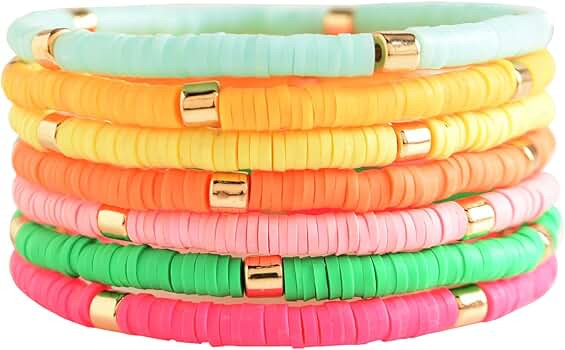 Surfer Heishi Clay Bead Bracelets for Women Bohemian Stackable Evil Eye Vinyl Disc Beaded Stretch... | Amazon (US)