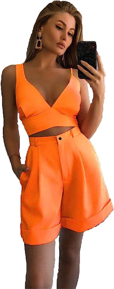 Ekaliy Summer Women's Casual Two Pieces Tracksuit Sleeveless Crop Top Gym High Waist Pocketed Shorts | Amazon (US)